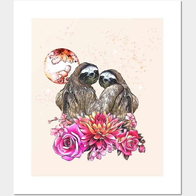 Sloths in love, lovers couple cute Wall Art by Collagedream